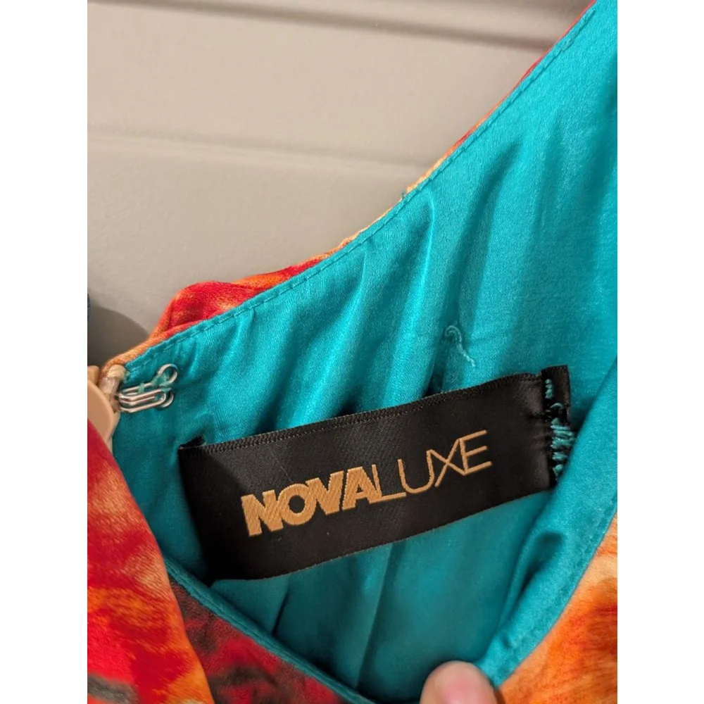 Women's NOVALUXE Small Red Blue Abstract Tiered Ruffle Maxi Dress - Picture 7 of 14